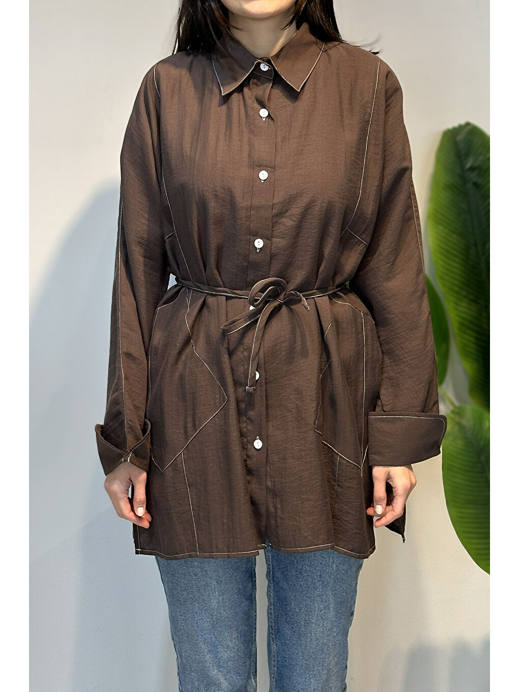 Kahverengi Kuşak Detaylı Basic Tunik 4468 Kahve