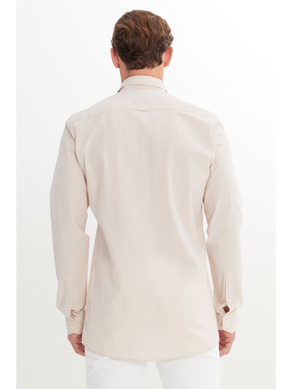 Erkek Beyaz-Bej Pamuklu Slim Fit Dar Kesim Düğmeli Yaka Kareli Gömlek-4