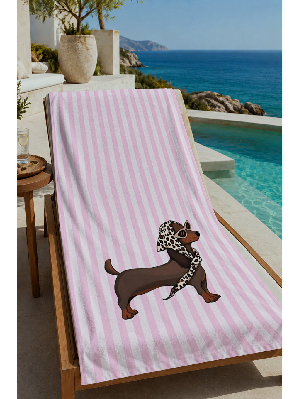 Milbay Grup Gri Pembe Çizgili Leopar Figürlü 70x150 Cm Dijital Plaj Ve Banyo Havlusu-37484