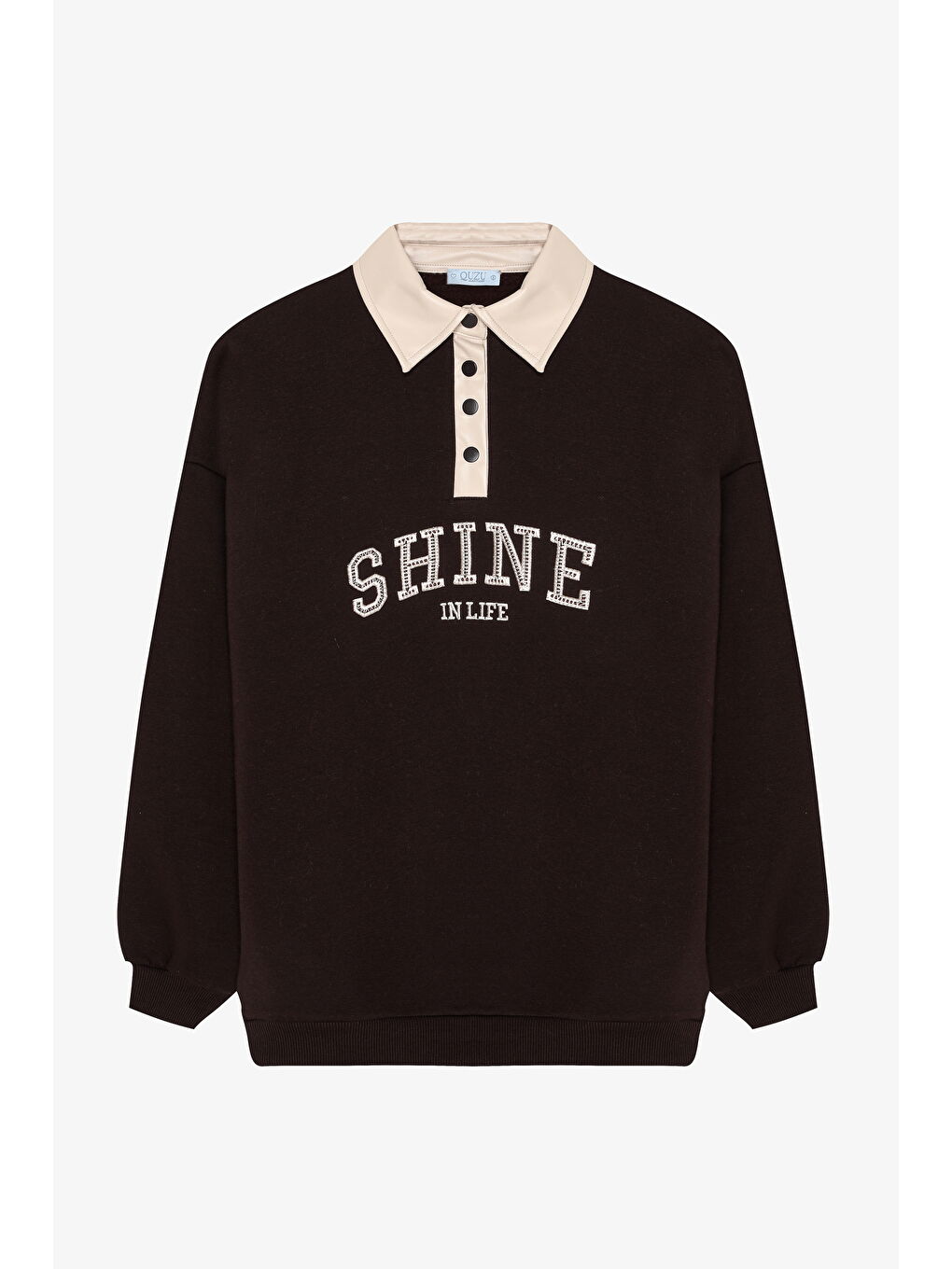 Kontrast Yaka Nakışlı Oversize Sweatshirt Kahverengi