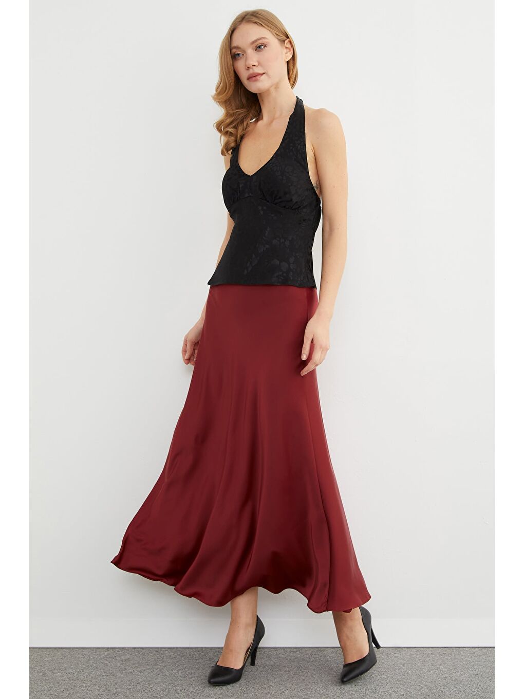 Bordo Beli Lastikli Midi Boy Saten Etek