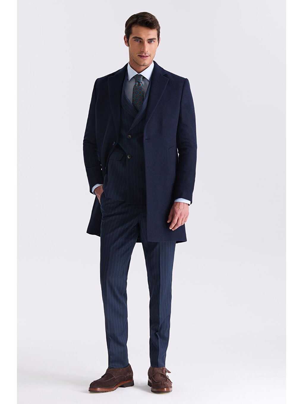 Lacivert Comfort Fit Mono Yaka Yan Cep Kaşe Kaban-1