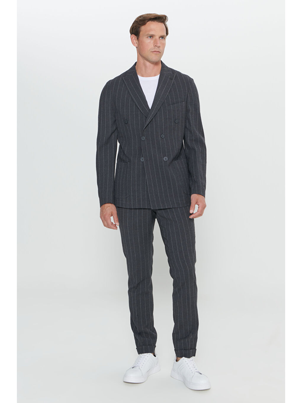 Erkek Antrasit Slim Fit Dar Kesim Kırlangıç Yaka Gofre Desenli Yünlü Takım Elbise-3