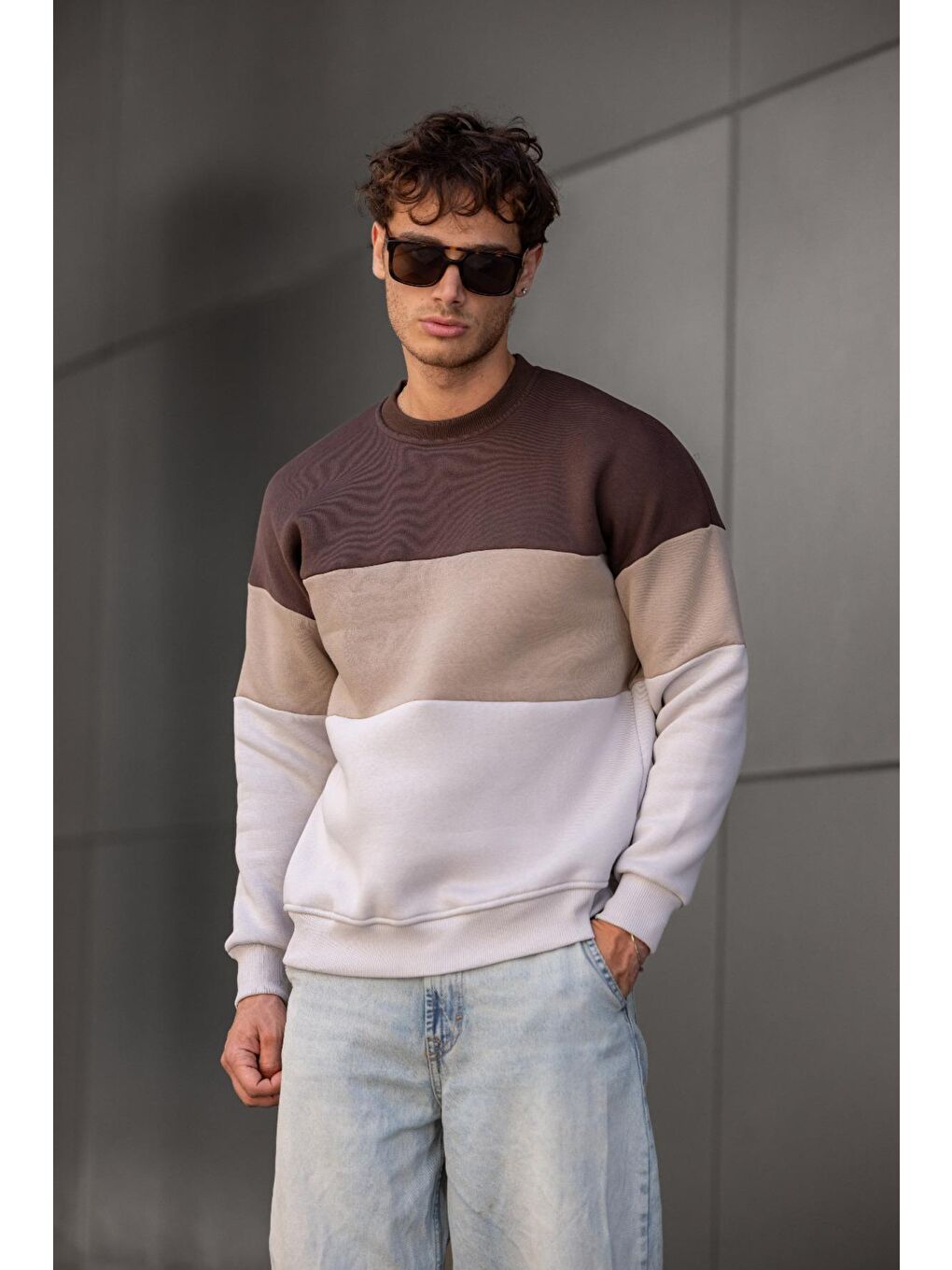 Oksit Kahverengi Trc 3244 Üç İplik Pamuklu Parçalı Bisiklet Yaka Erkek Sweatshirt