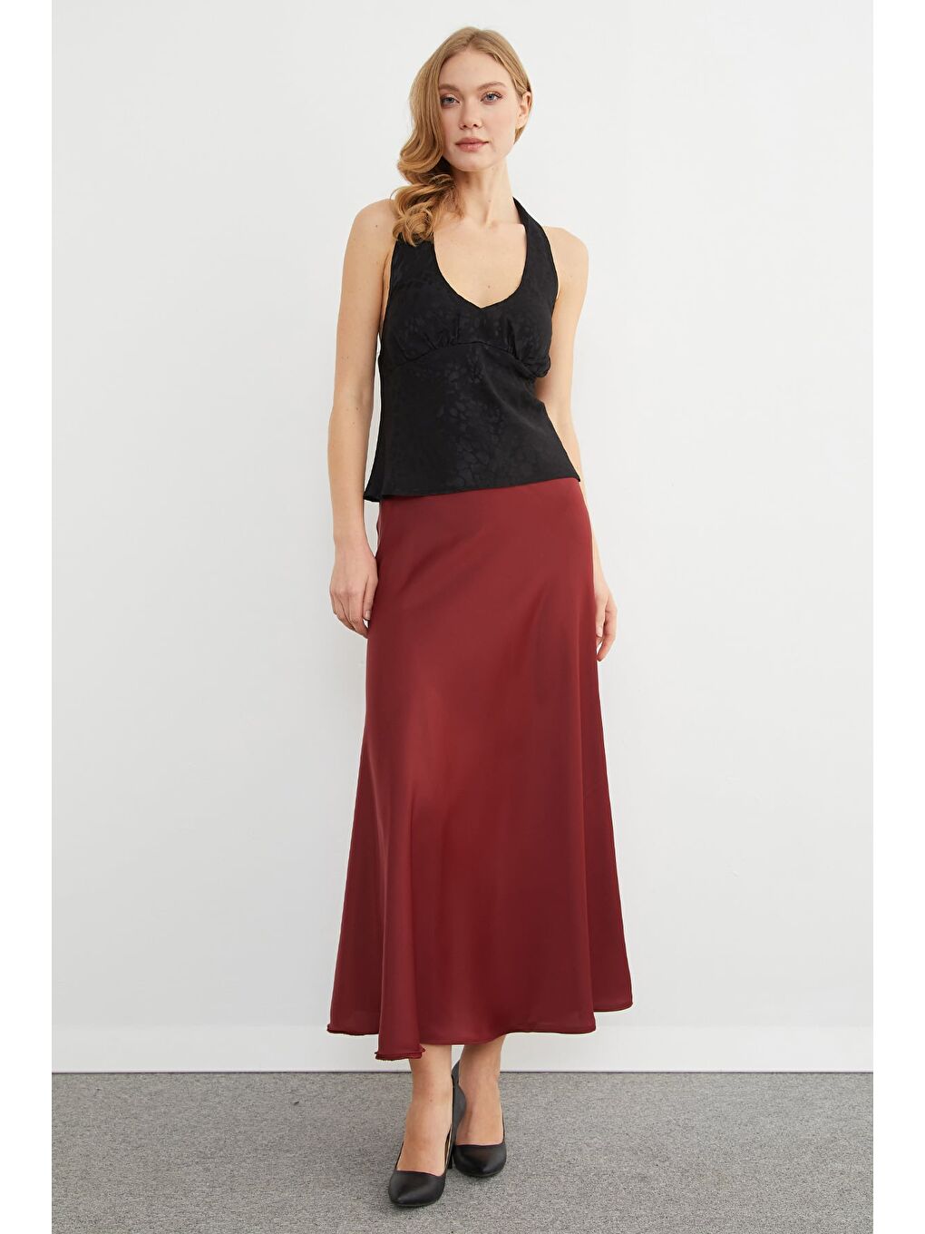 Bordo Beli Lastikli Midi Boy Saten Etek-2