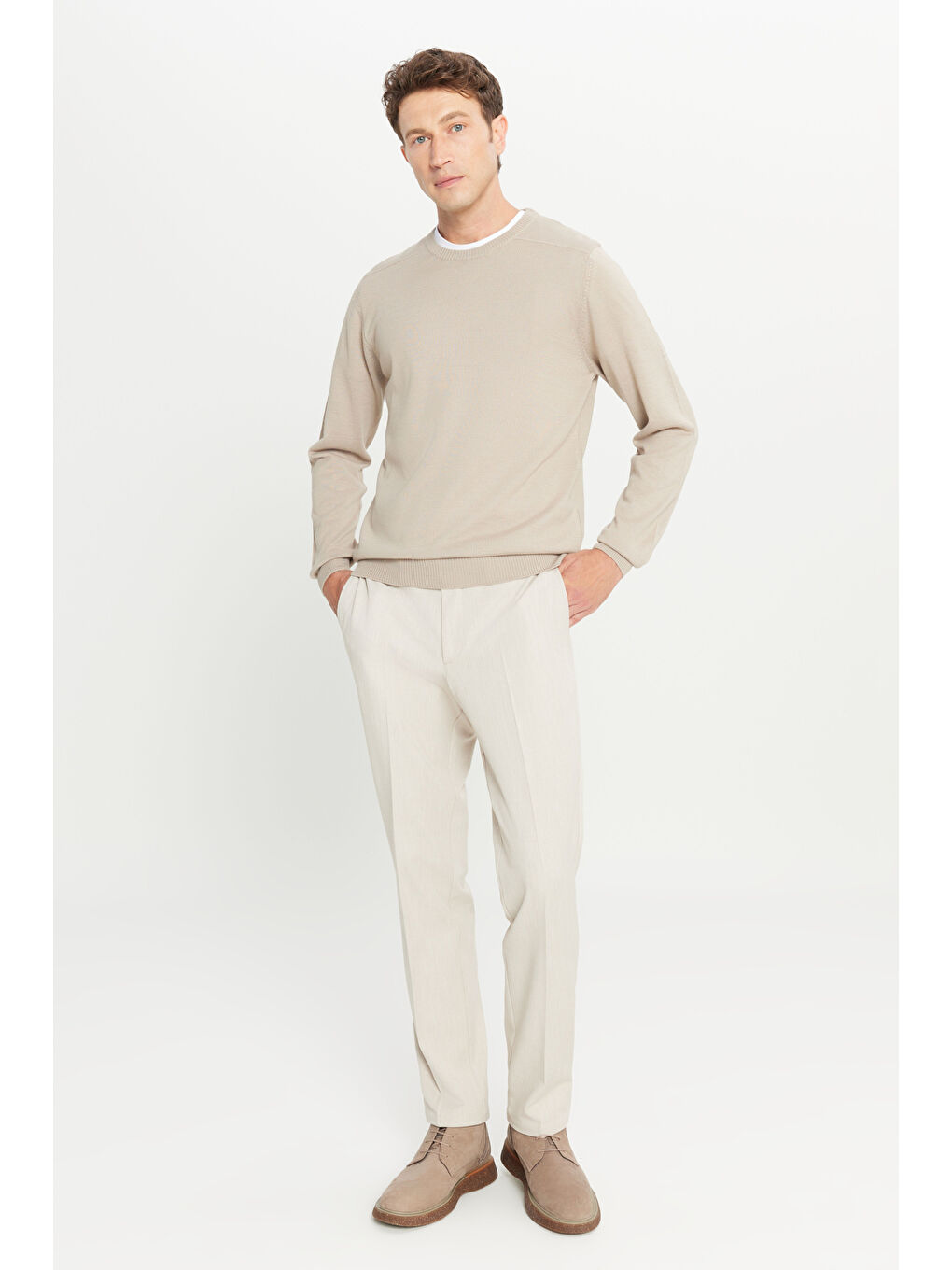 Erkek Bej Yünlü Standart Fit Normal Kesim Bisiklet Yaka Triko Basic Kazak-1