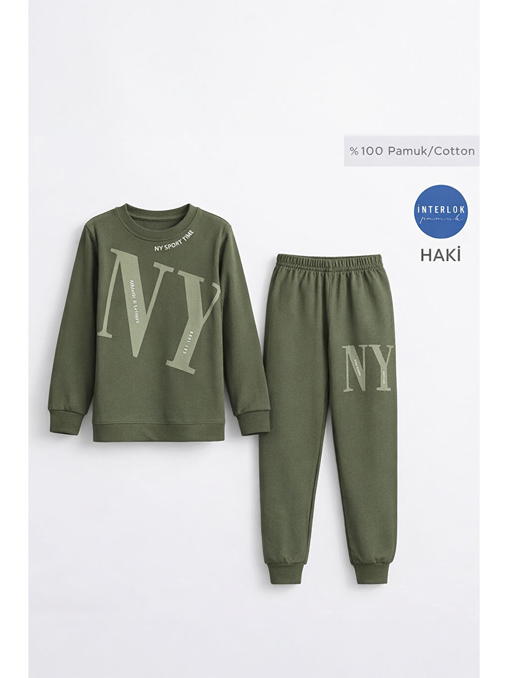 Erkek Çocuk Garson Boy Manşetli Pamuk Penye Pijama Takımı 4104 Haki01-2