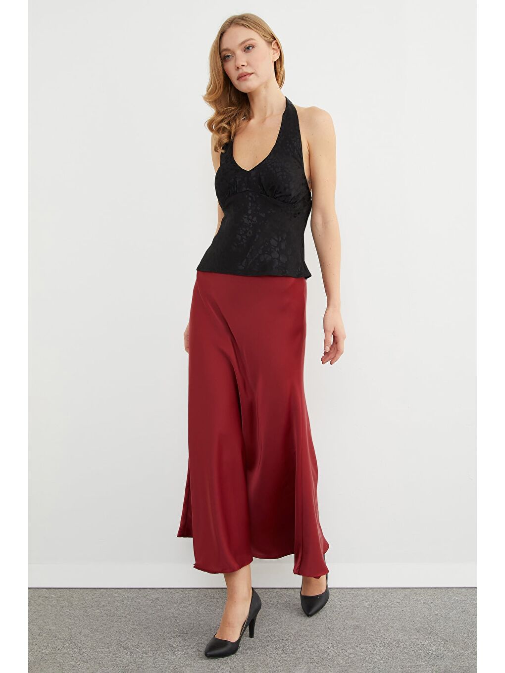 Bordo Beli Lastikli Midi Boy Saten Etek-4