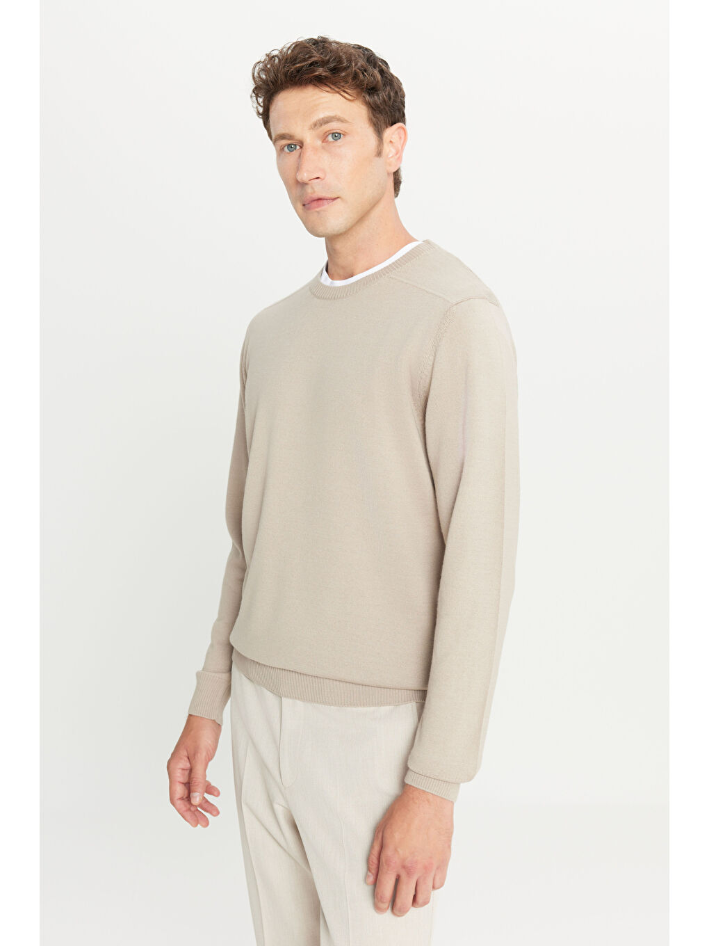 Erkek Bej Yünlü Standart Fit Normal Kesim Bisiklet Yaka Triko Basic Kazak-2