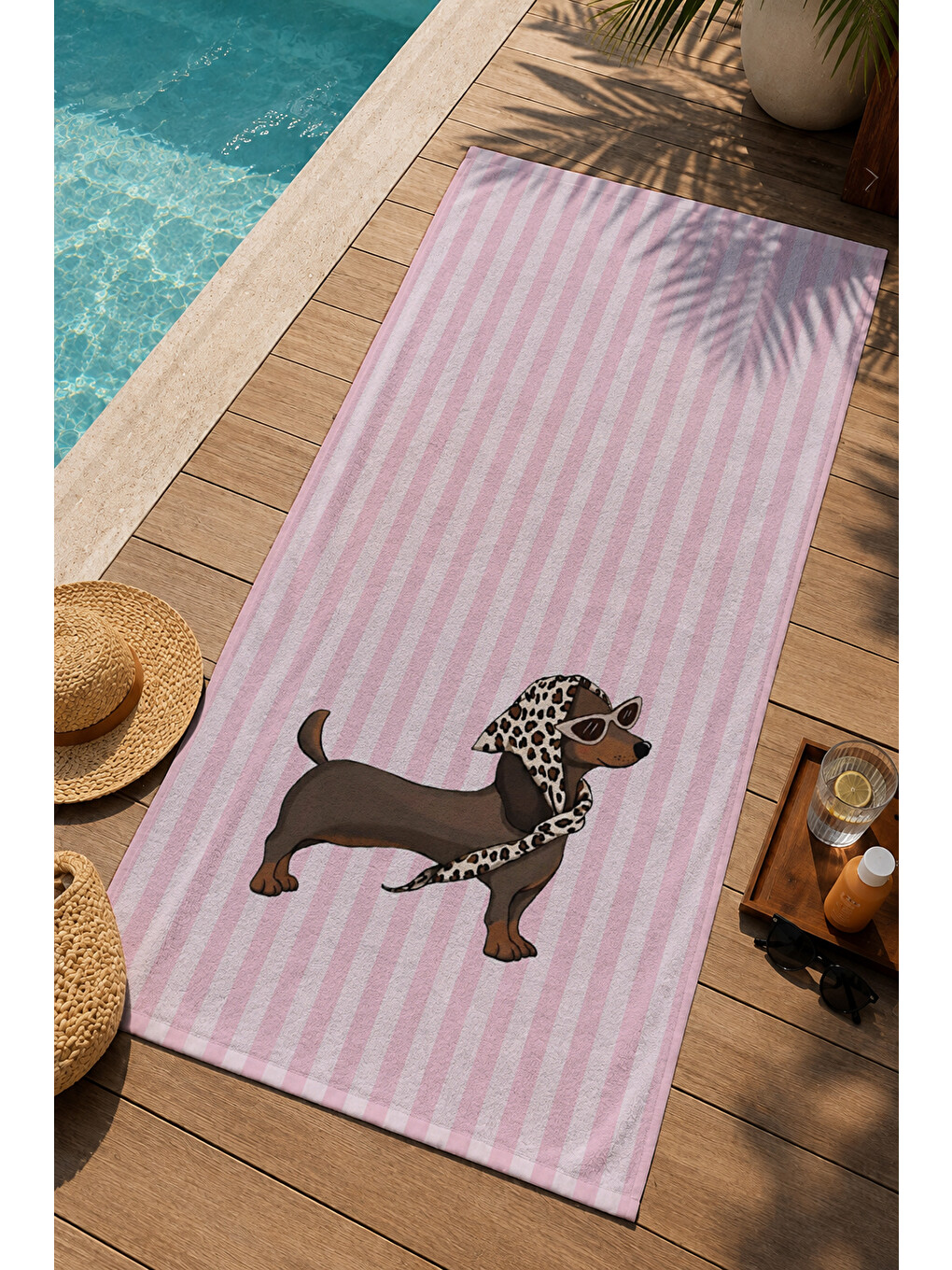 Milbay Grup Gri Pembe Çizgili Leopar Figürlü 70x150 Cm Dijital Plaj Ve Banyo Havlusu-37484-2