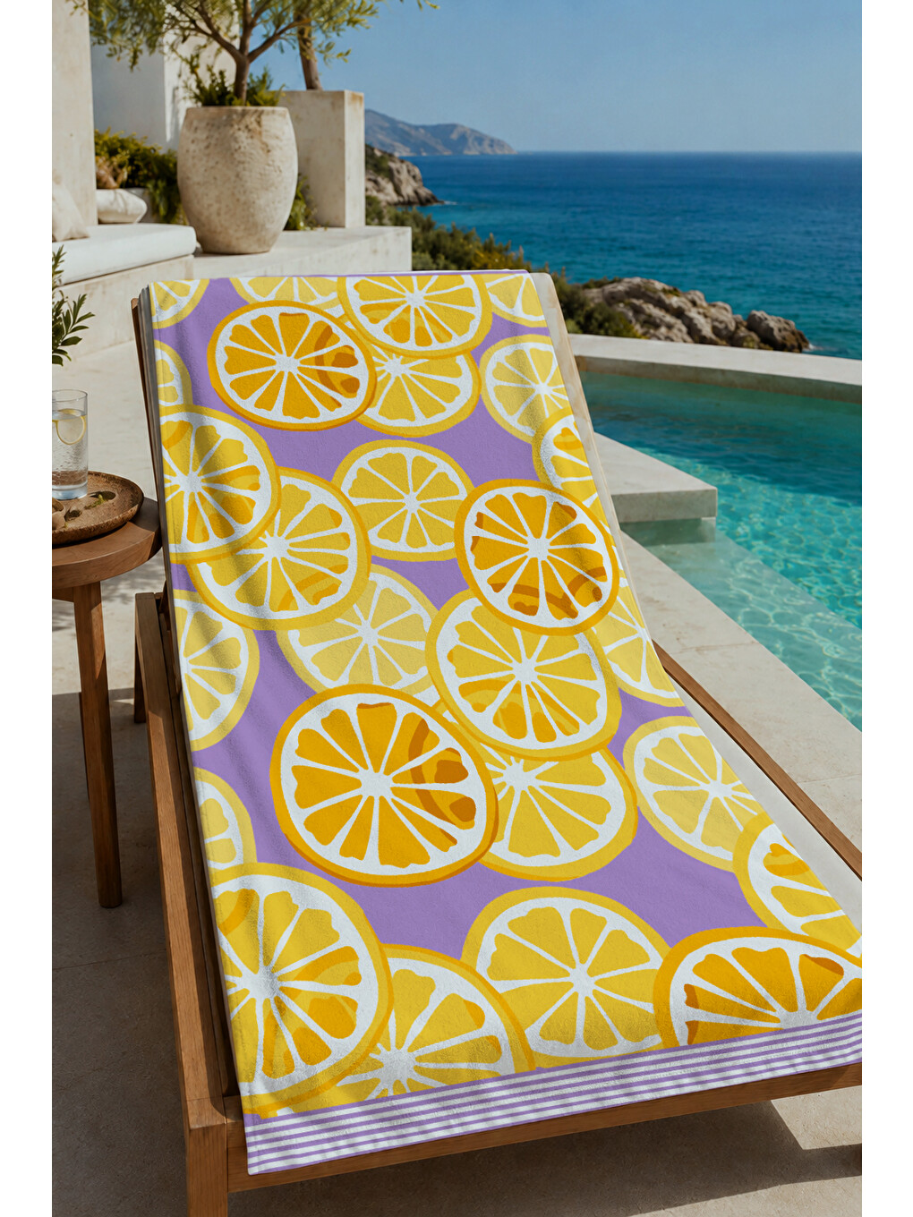 Lila Sarı Limon Desenli 70x150 Cm Dijital Baskılı Plaj Ve Banyo Havlusu
