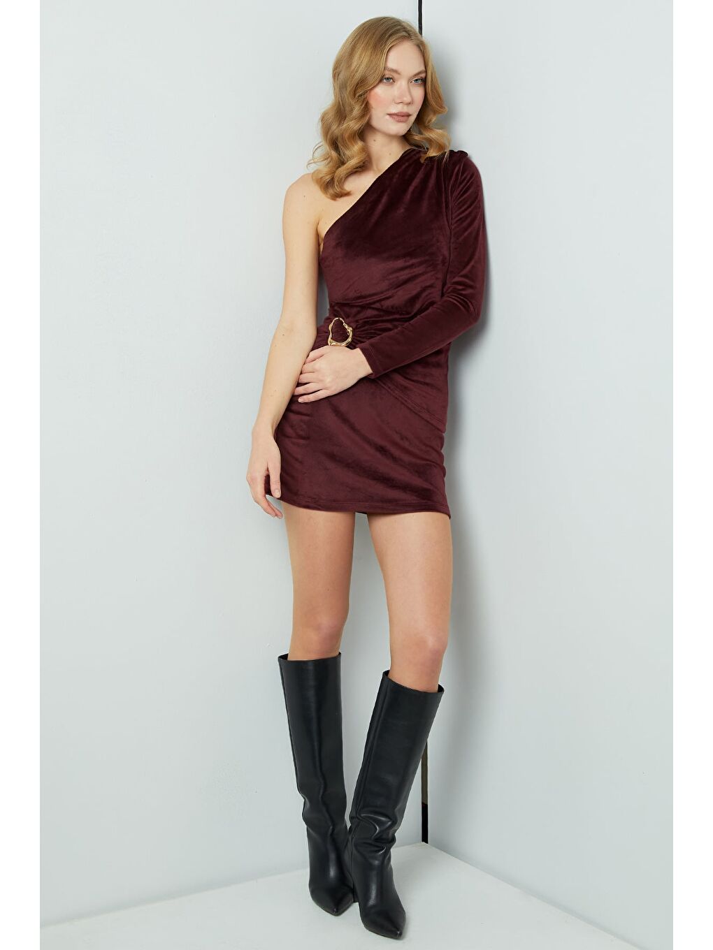 Bordo Beli Lastikli Kadife Mini Etek-1