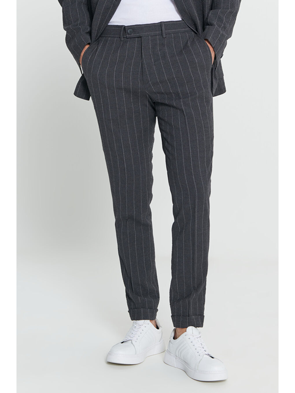 Erkek Antrasit Slim Fit Dar Kesim Kırlangıç Yaka Gofre Desenli Yünlü Takım Elbise-7