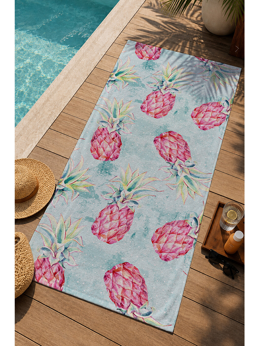 Beyaz Zemin Pembe Ananas Desenli 70x150 Cm Dijital Baskılı Plaj Ve Banyo Havlusu-2