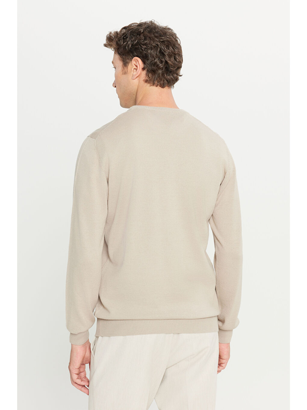 Erkek Bej Yünlü Standart Fit Normal Kesim Bisiklet Yaka Triko Basic Kazak-4