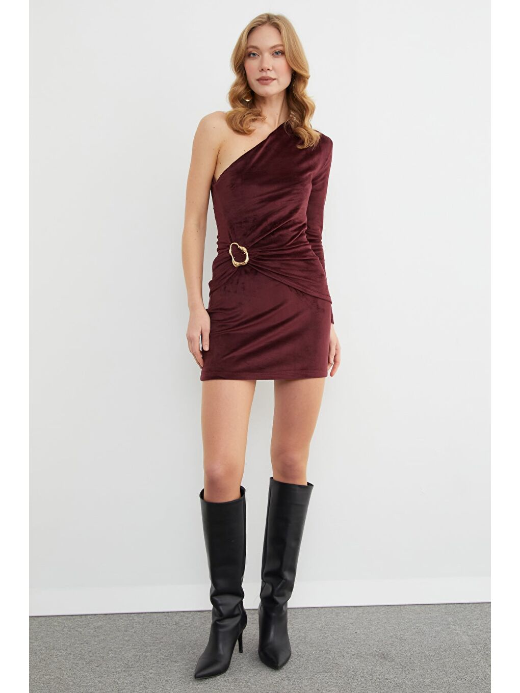 Bordo Beli Lastikli Kadife Mini Etek-3