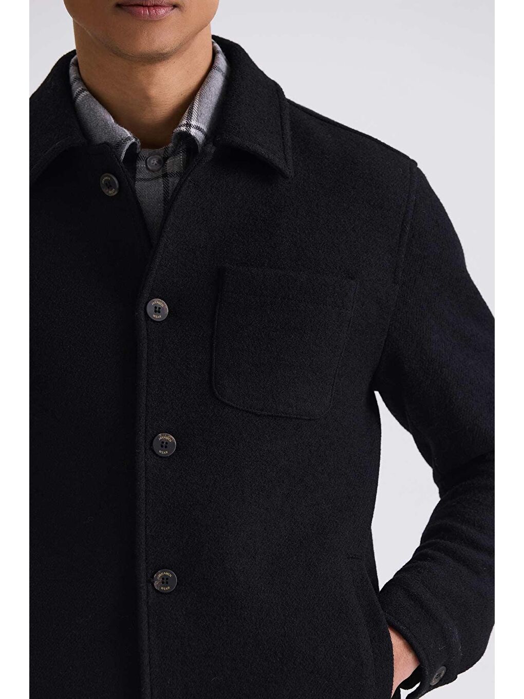 Siyah Slim Fit Berberi Yaka Yünlü Kaşe Kaban-2