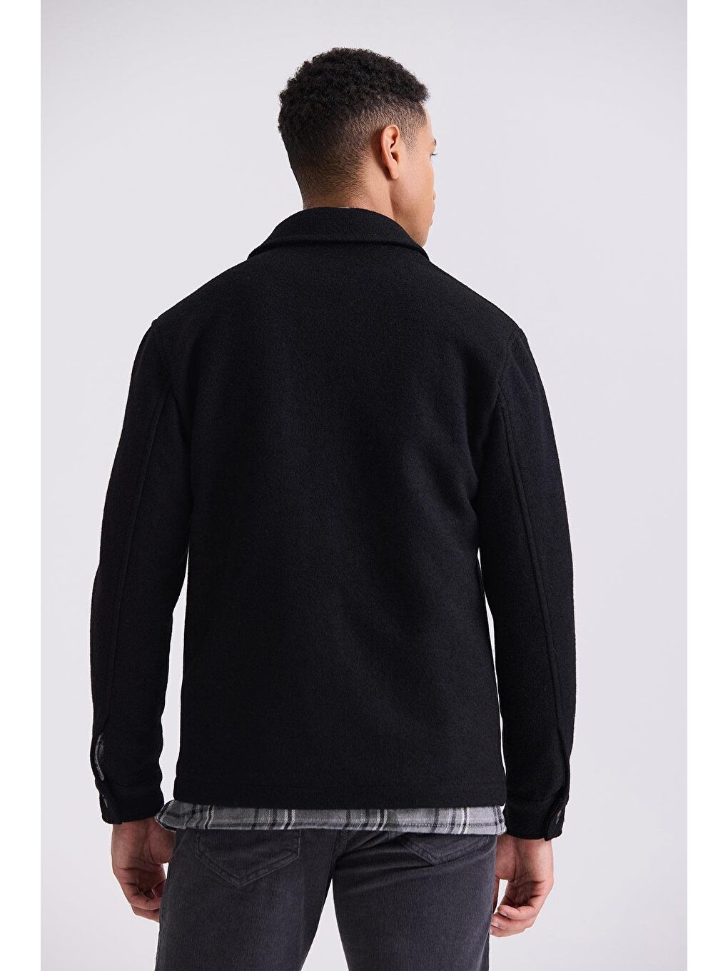 Siyah Slim Fit Berberi Yaka Yünlü Kaşe Kaban-3