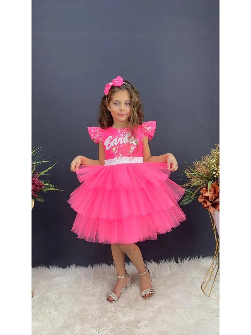 Pembe Kız Çocuk Pullu Melek Kanatlı Kabarık Abiye Elbise