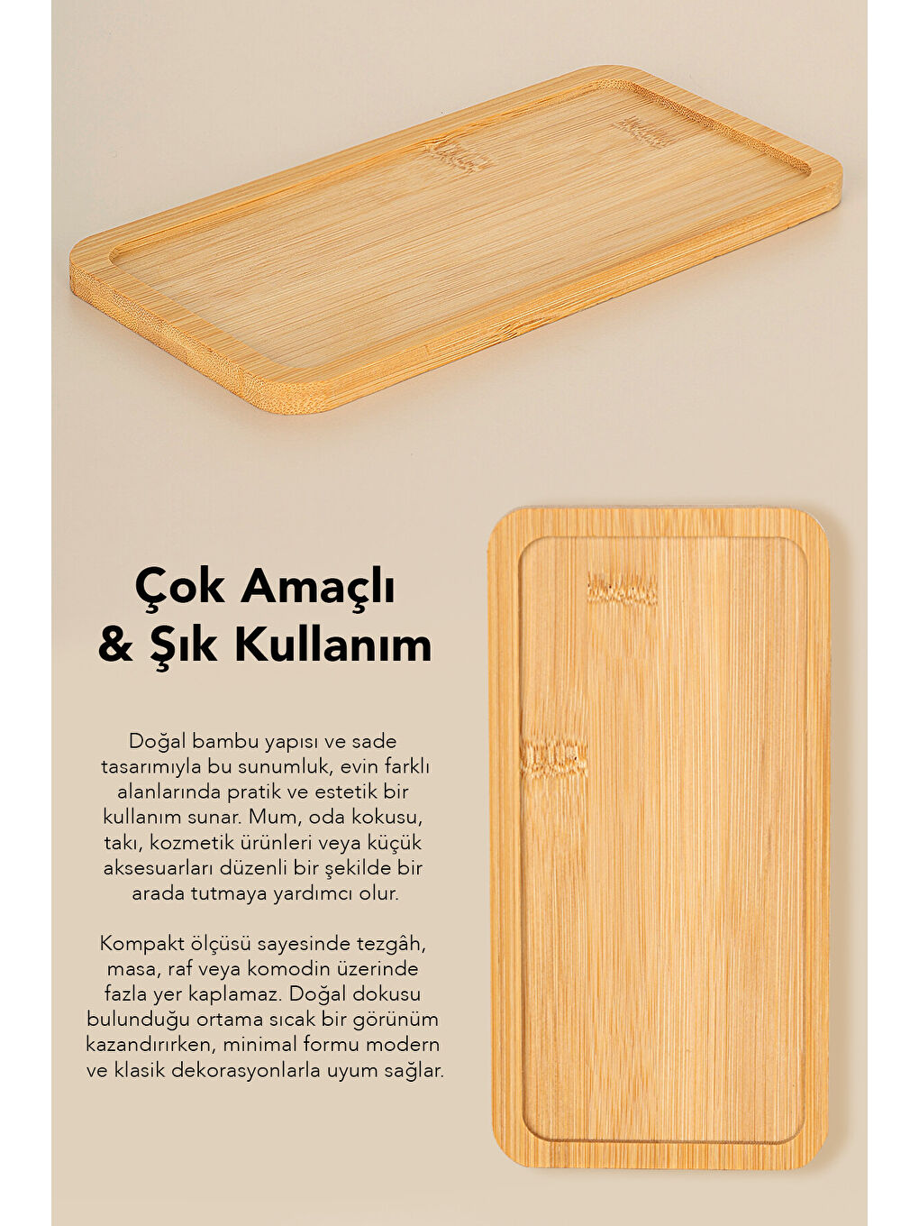 Bej 2 Adet Dikdörtgen Bambu Sunumluk-3
