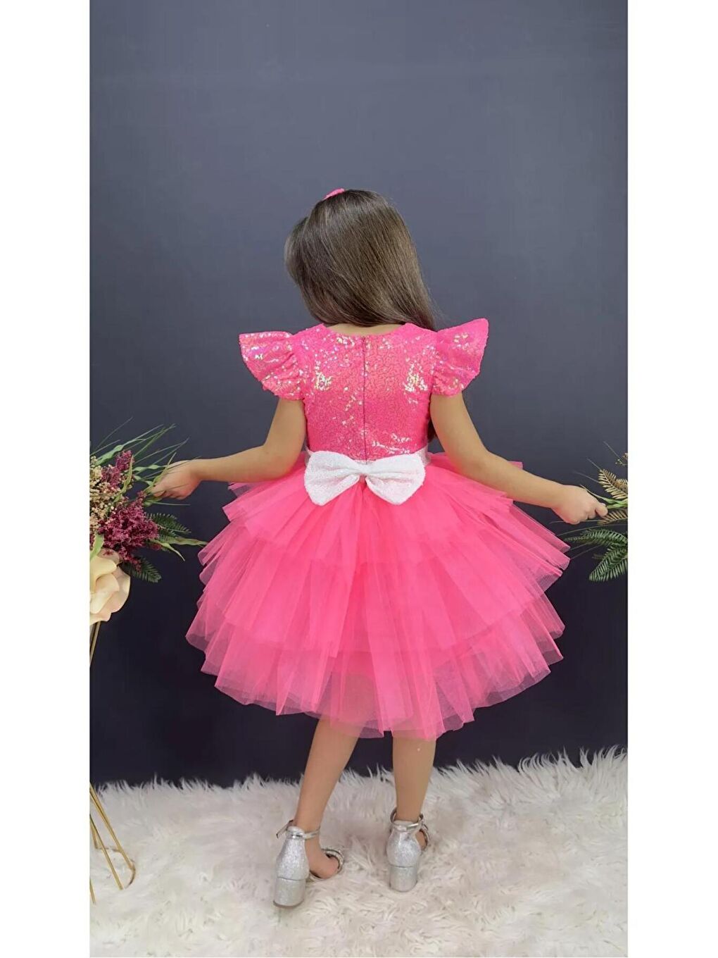 Pembe Kız Çocuk Pullu Melek Kanatlı Kabarık Abiye Elbise-1