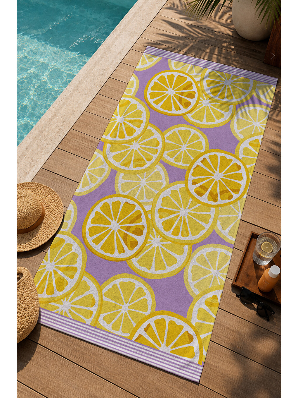 Lila Sarı Limon Desenli 70x150 Cm Dijital Baskılı Plaj Ve Banyo Havlusu-2