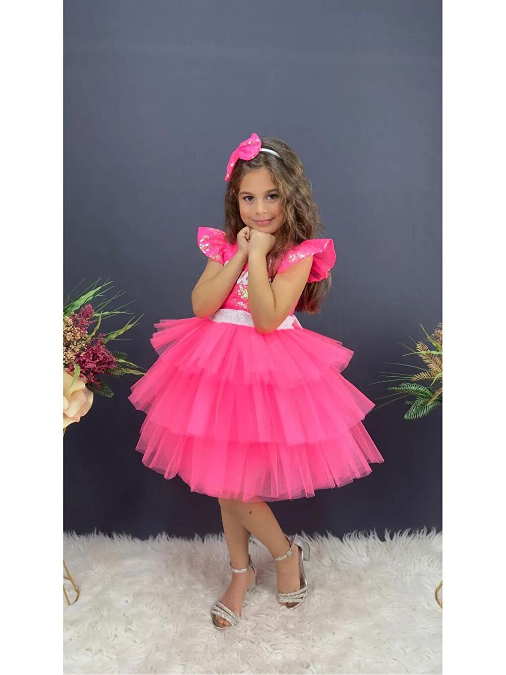 Pembe Kız Çocuk Pullu Melek Kanatlı Kabarık Abiye Elbise-3