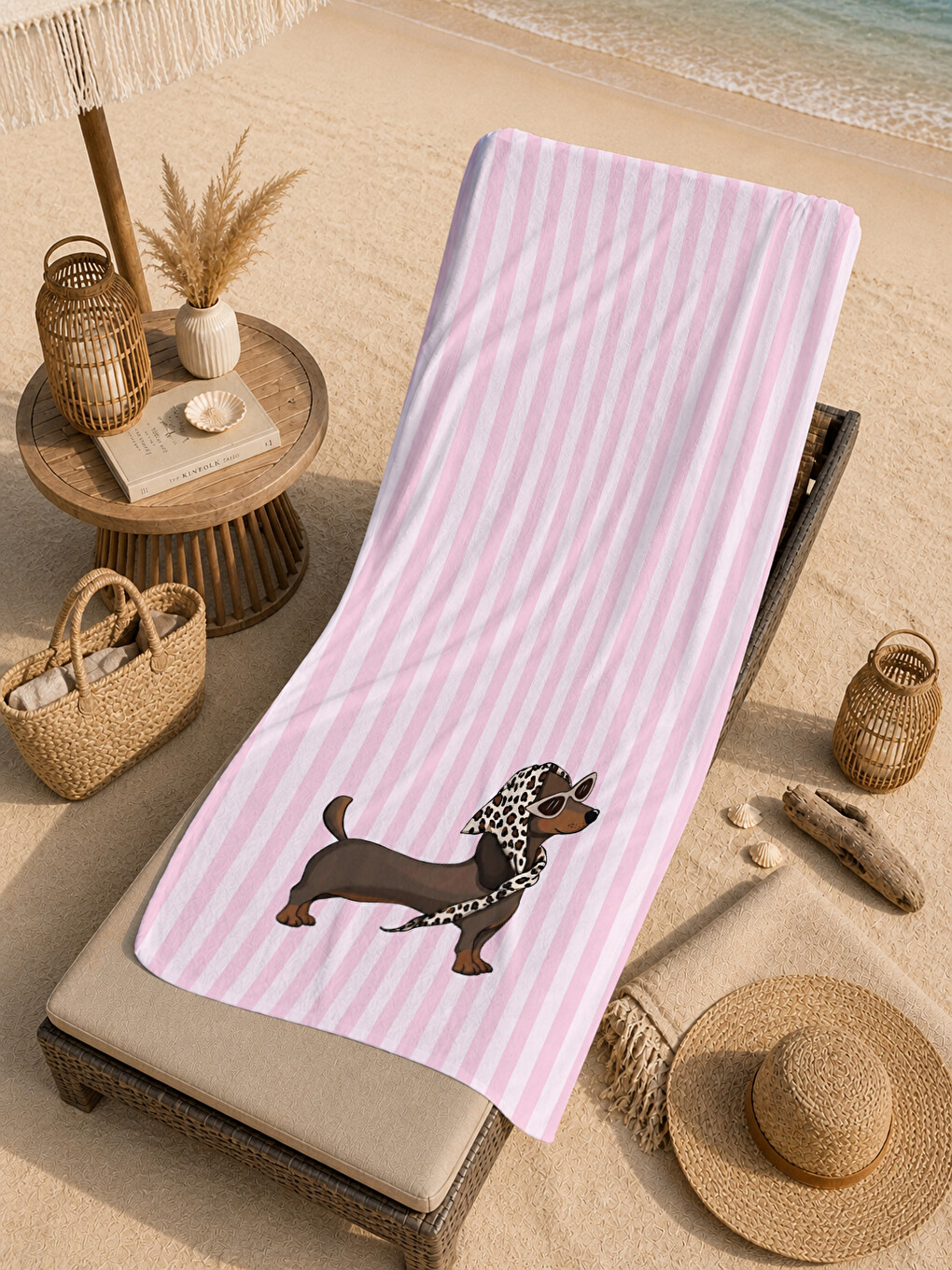 Milbay Grup Gri Pembe Çizgili Leopar Figürlü 70x150 Cm Dijital Plaj Ve Banyo Havlusu-37484-4
