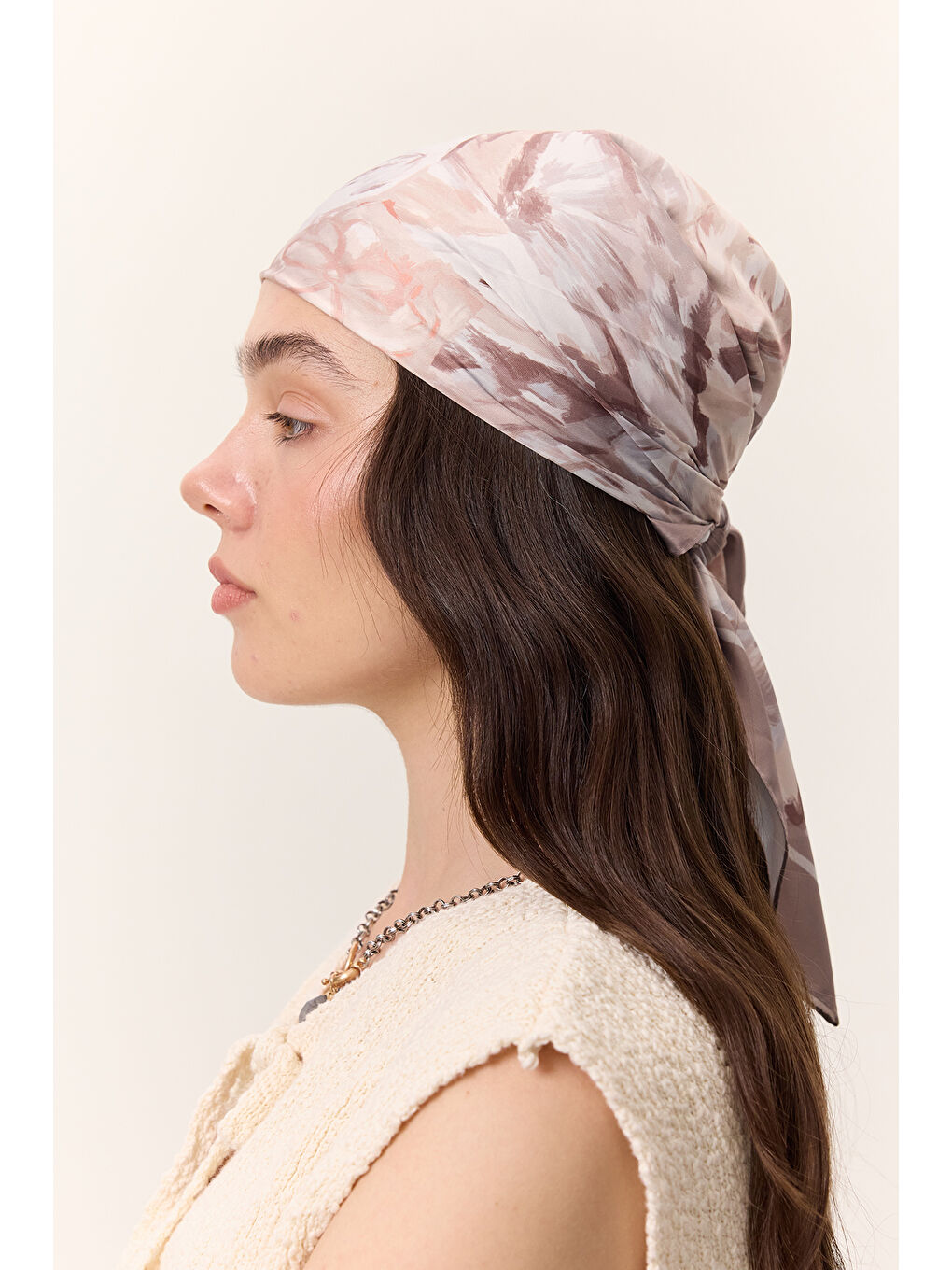 Desenli Saten Bandana Sofıa - Bej-1