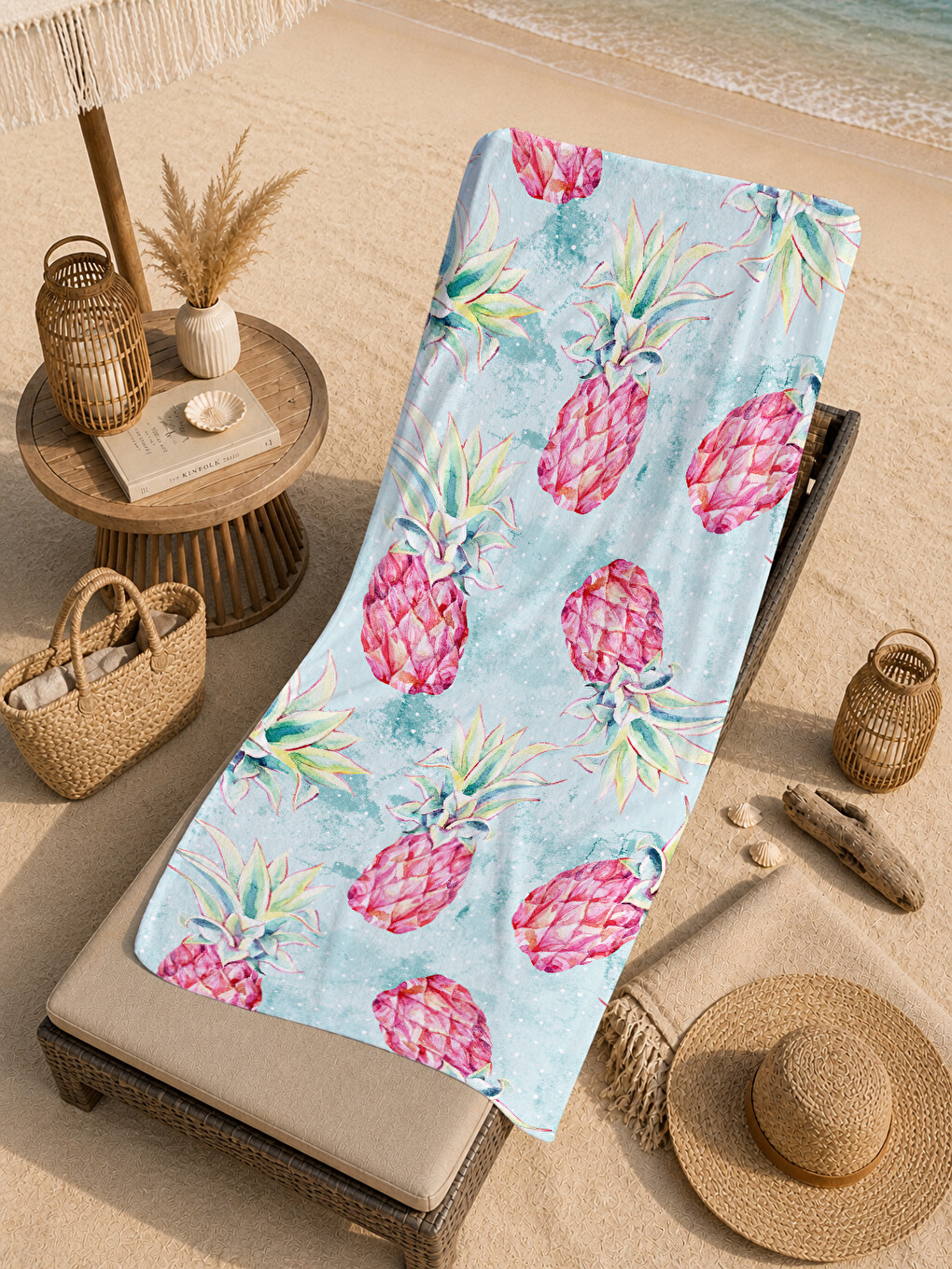 Beyaz Zemin Pembe Ananas Desenli 70x150 Cm Dijital Baskılı Plaj Ve Banyo Havlusu-4