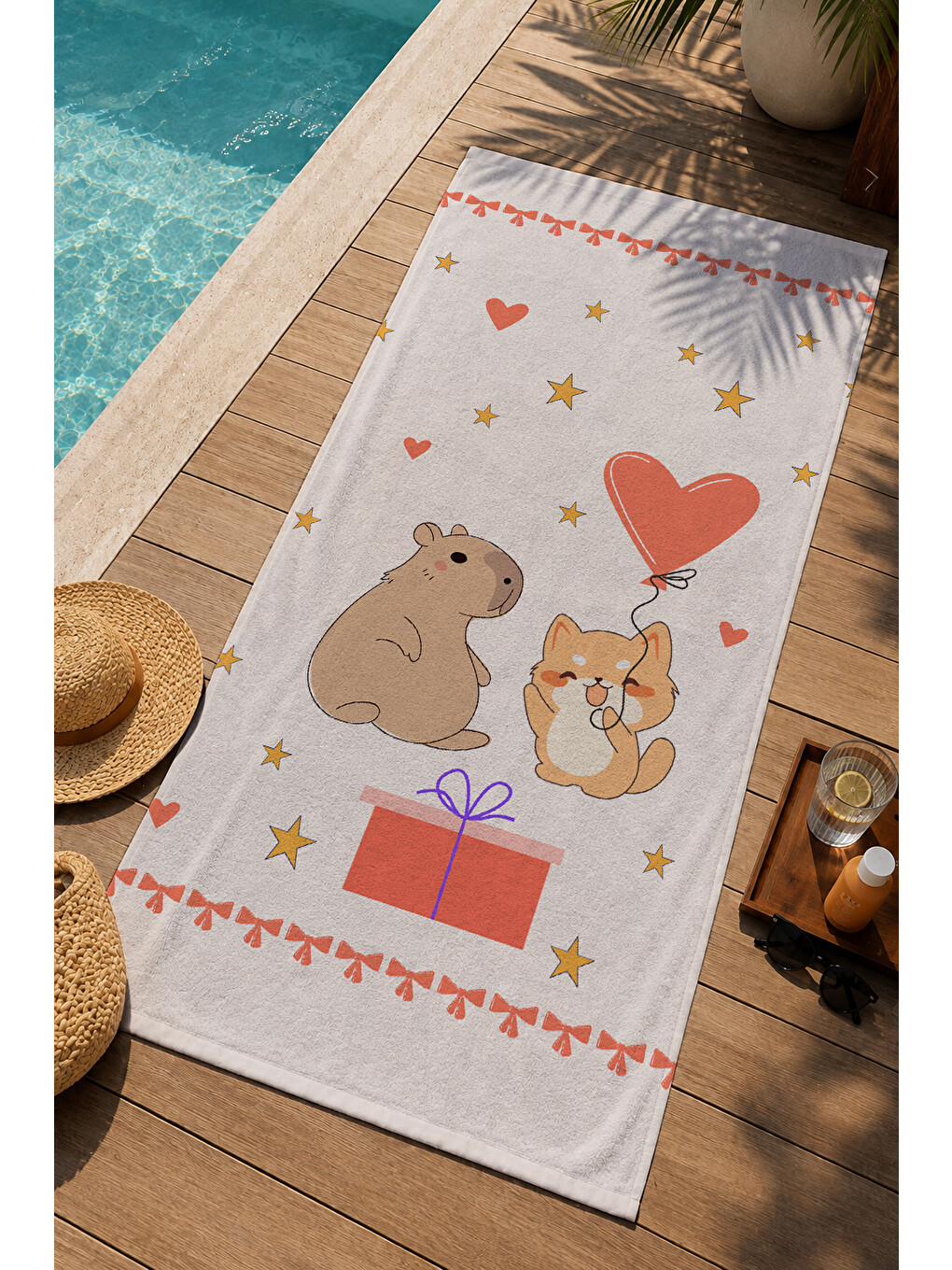 Ekru Beyaz Tavşan Ayıcık Ve Kalp Desenli 70x150 Cm Dijital Baskılı Plaj Ve Banyo Havlusu-2