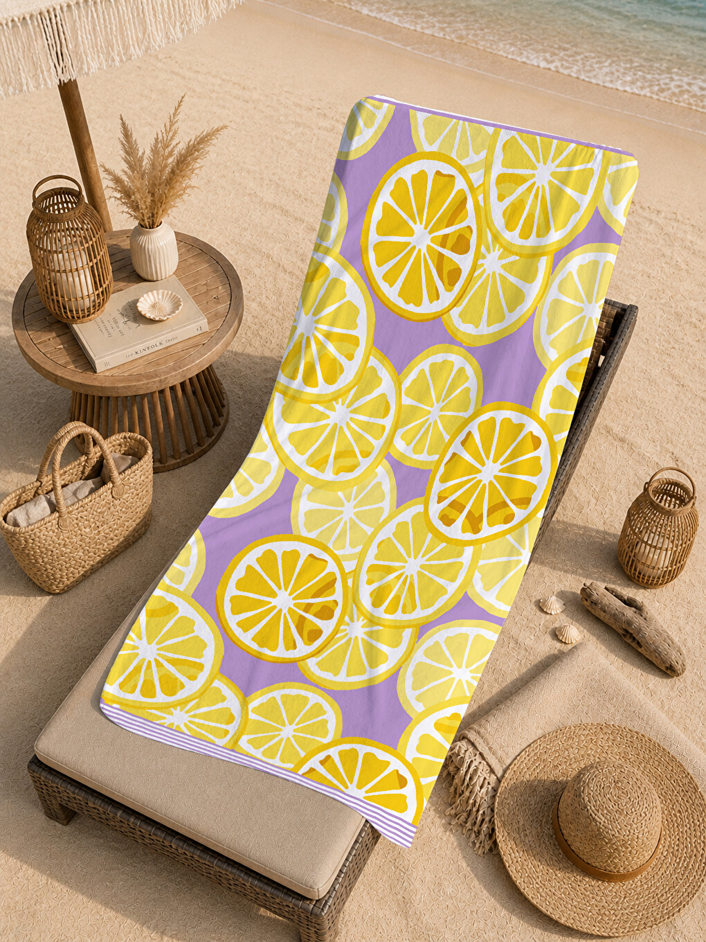 Lila Sarı Limon Desenli 70x150 Cm Dijital Baskılı Plaj Ve Banyo Havlusu-4