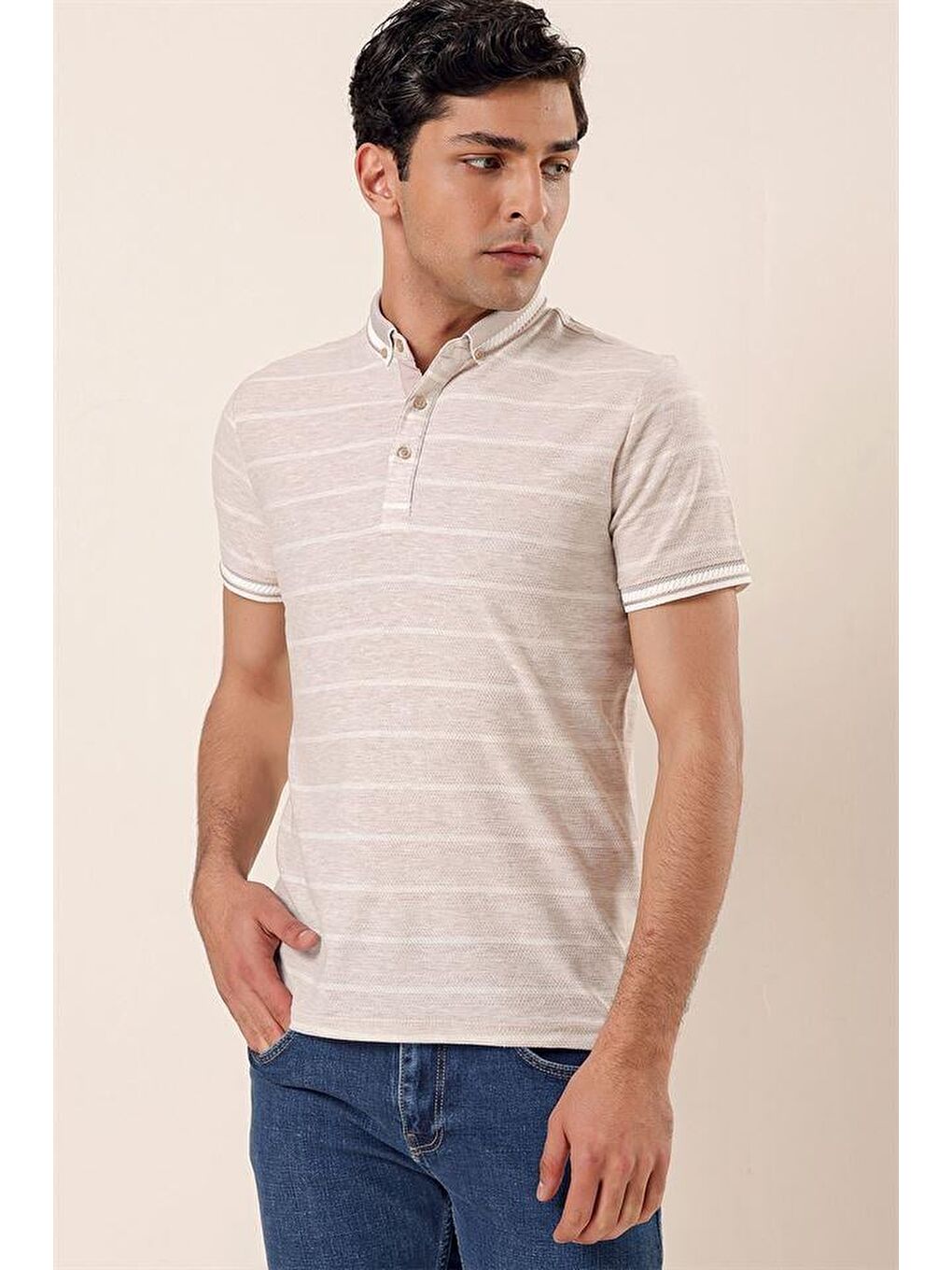 Bej Taş Rengi Kısa Kollu Çizgili Armürlüpamuklu Casual Slim Fit Dar Kesim Tişört 1011230167