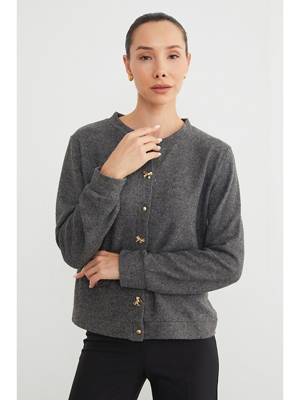 Antrasit Fiyonk Düğmeli Cepli Triko Hırka