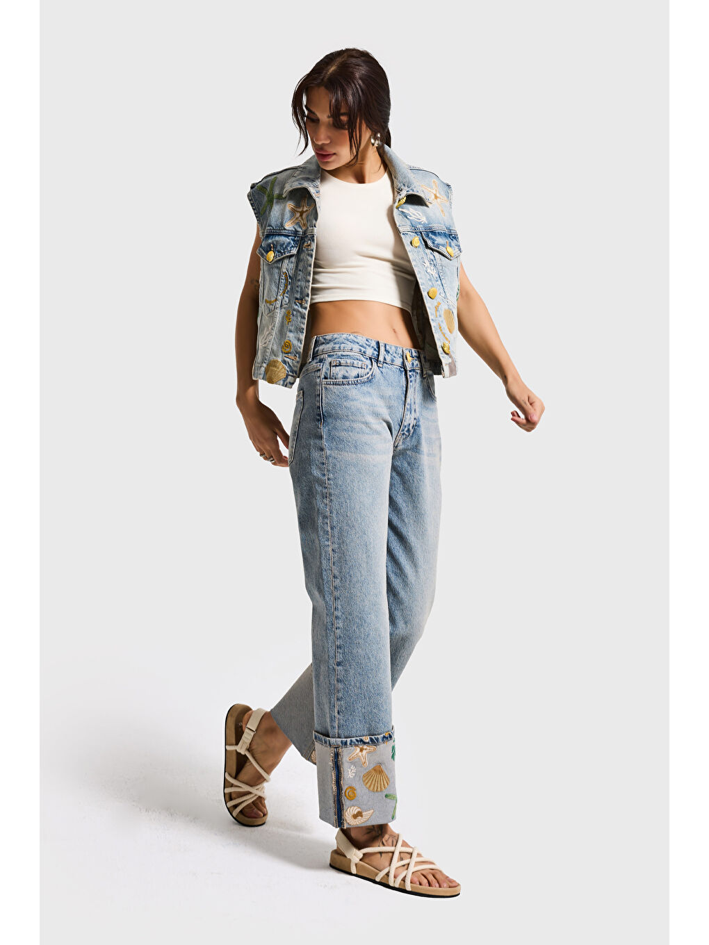 Mavi Kadın Jean Rengi 4s6-65 Straight Fit Corn Turn Up Elastan Kumaş Paça Nakışlı Tasarım Denim Jean-3