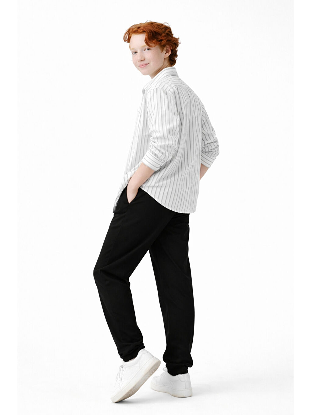 Beyaz Erkek Çocuk Regular Kalıp Çizgili Gömlek Pantolon 2’li Takım Ak2603-2