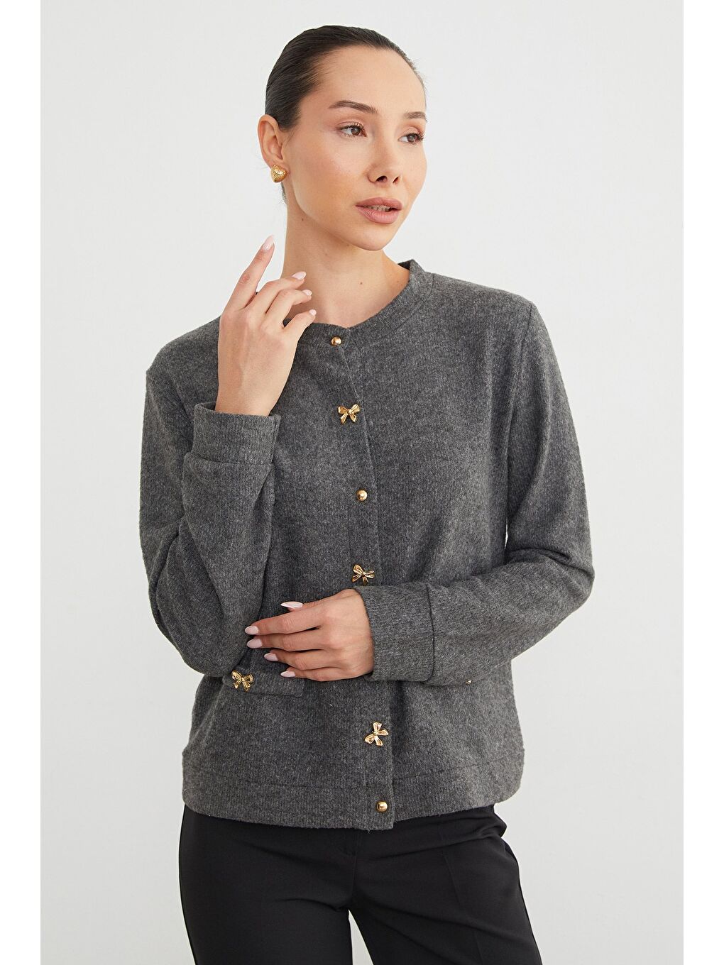 Antrasit Fiyonk Düğmeli Cepli Triko Hırka-2