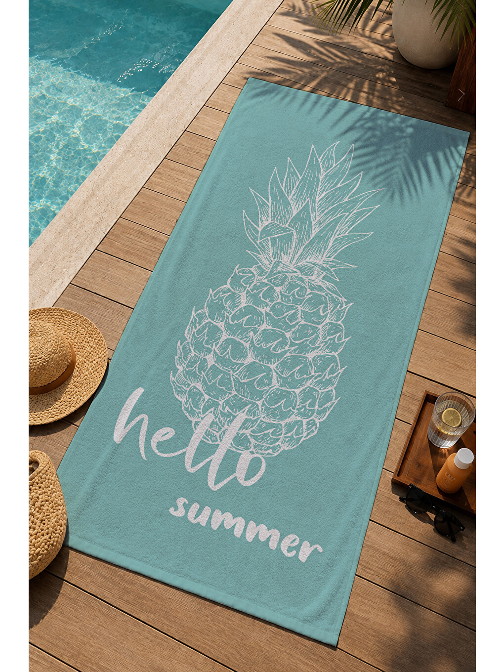 Turkuaz Hello Summer Ananas Desenli 70x150 Cm Dijital Baskılı Plaj Ve Banyo Havlusu-2