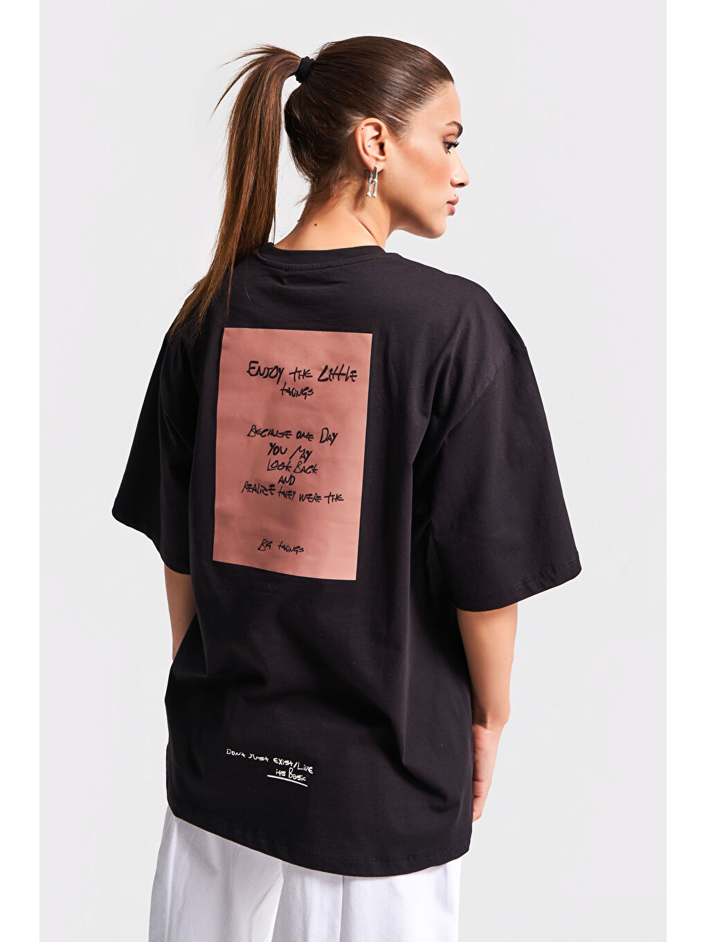 Kadın Siyah Renk s5-1 Oversize Baskılı Bol Kesim %100 Pamuklu T-Shirt