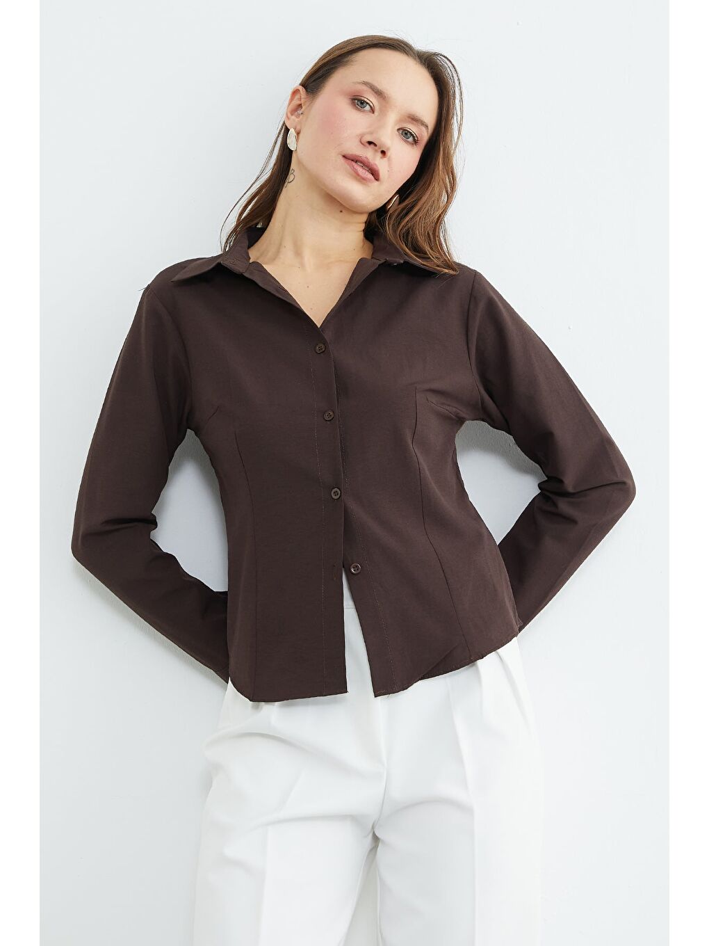 Kahverengi Basic Pensli Slim Fit Gömlek-1