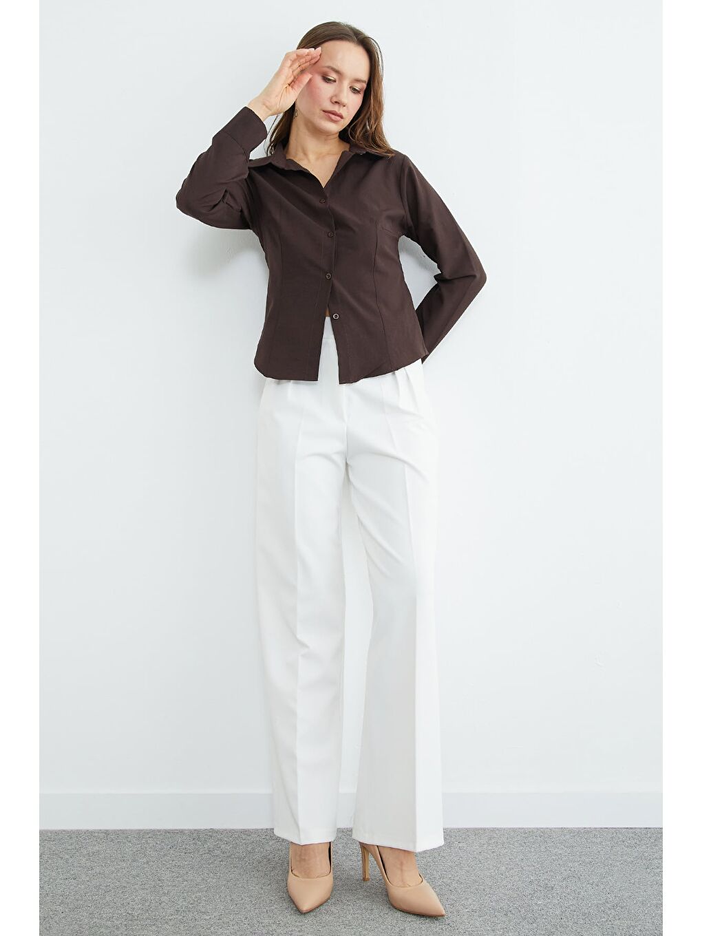 Kahverengi Basic Pensli Slim Fit Gömlek-2