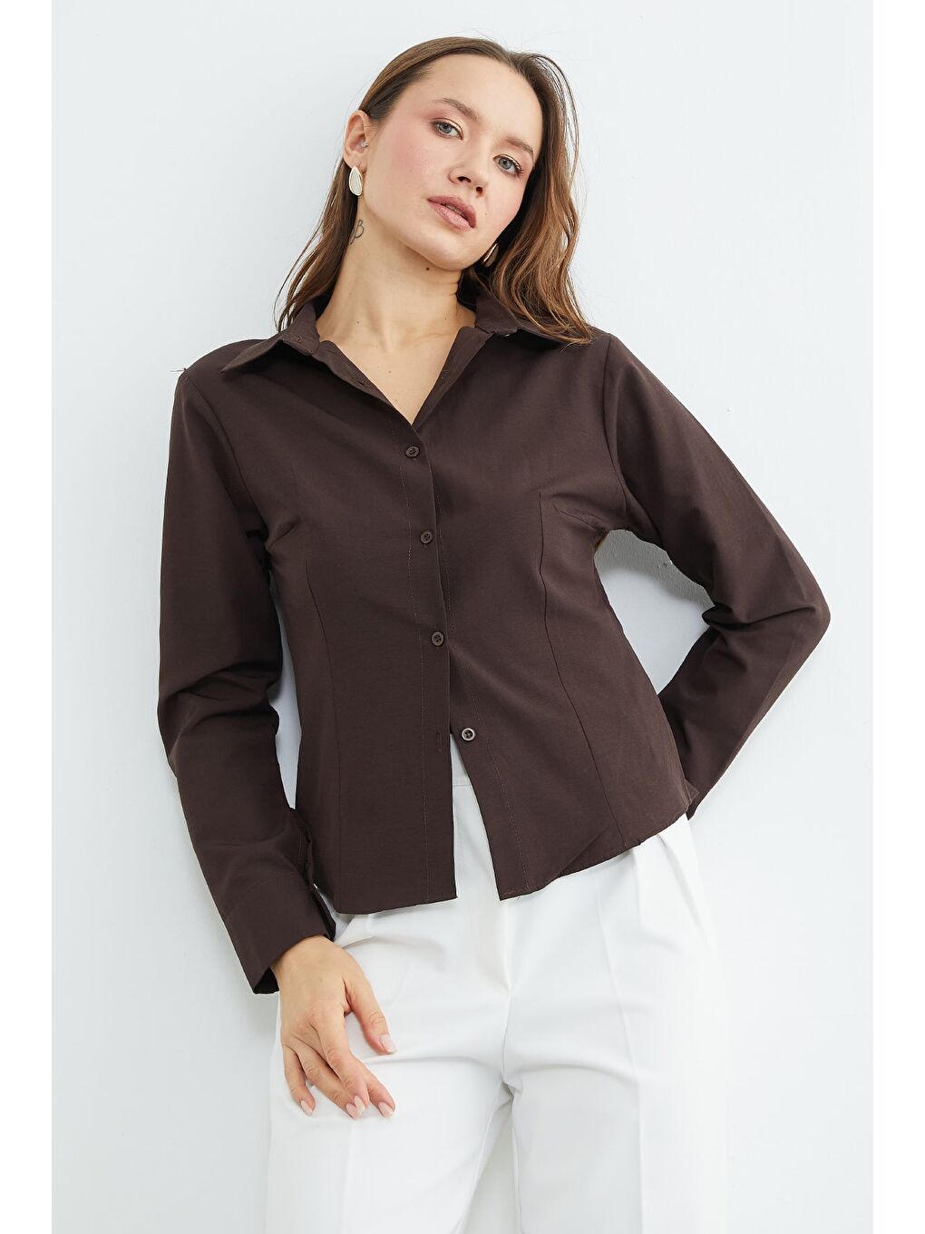 Kahverengi Basic Pensli Slim Fit Gömlek-3