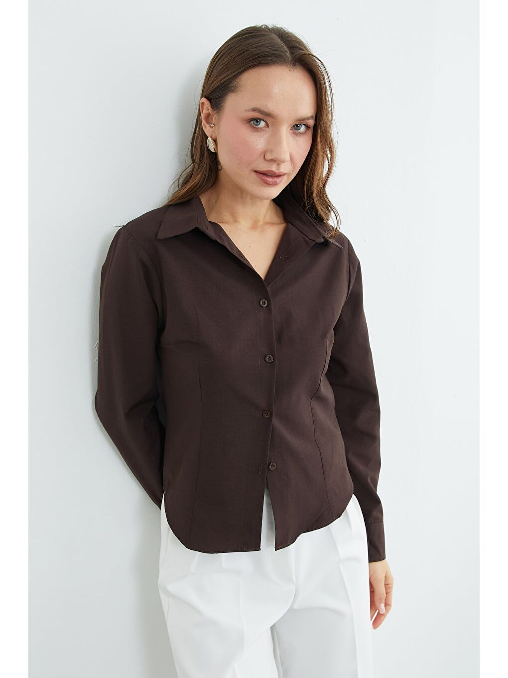 Kahverengi Basic Pensli Slim Fit Gömlek-4