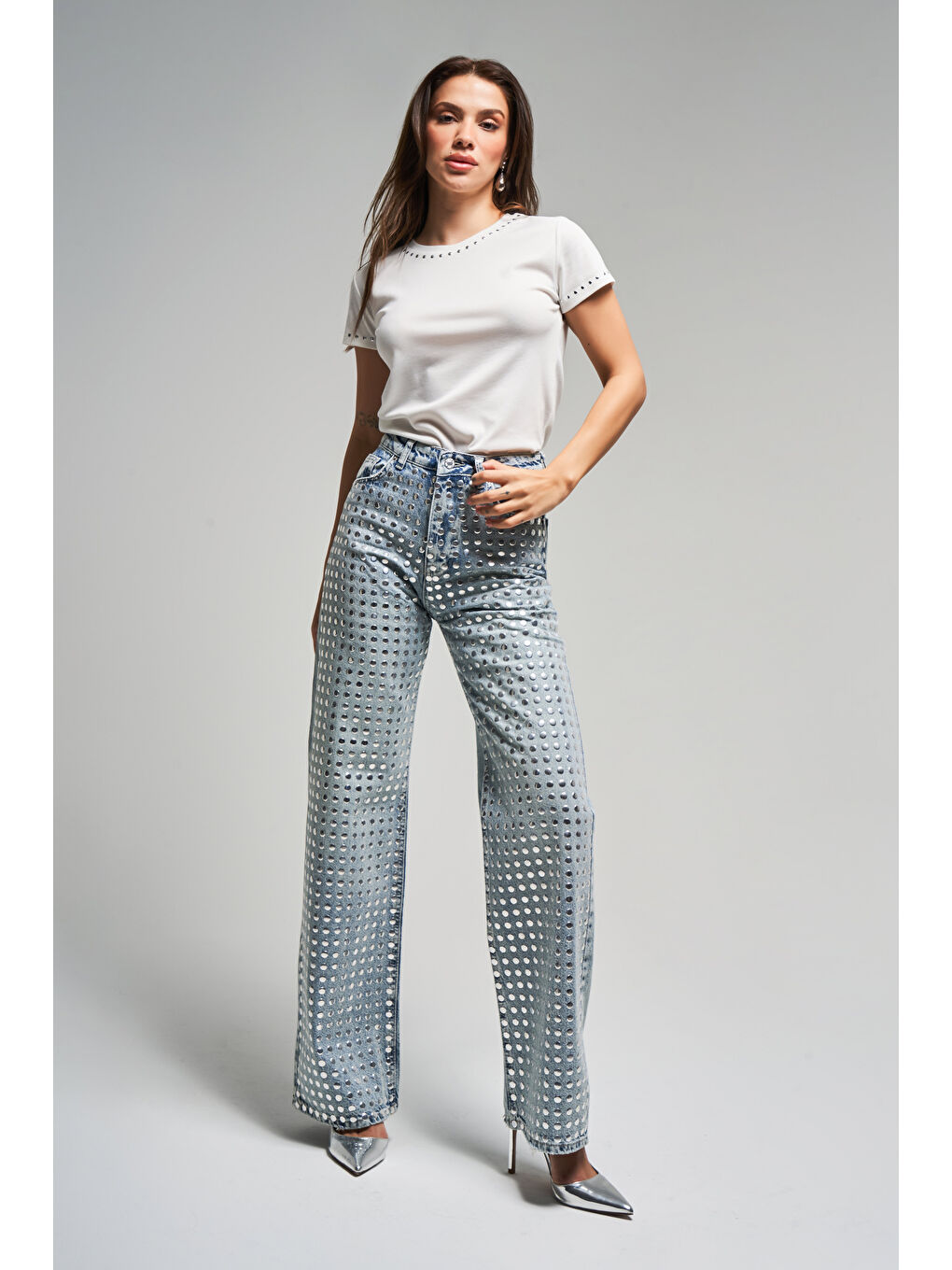 Mavi Kadın Jean Rengi T S45 80 Damla Parlak Taşlı Straight Fit Yüksek Bel Tasarım Denim Jean