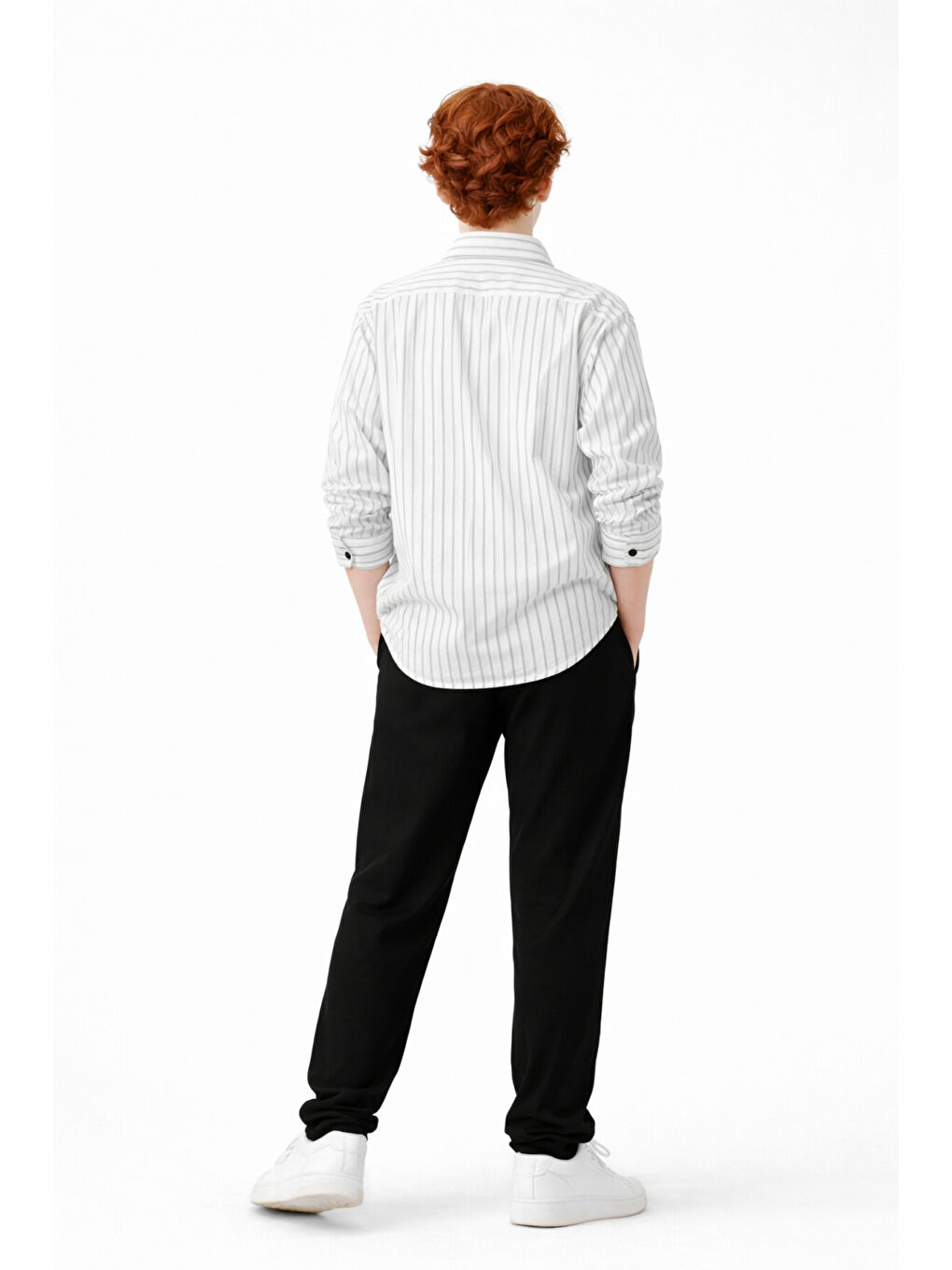 Beyaz Erkek Çocuk Regular Kalıp Çizgili Gömlek Pantolon 2’li Takım Ak2603-3