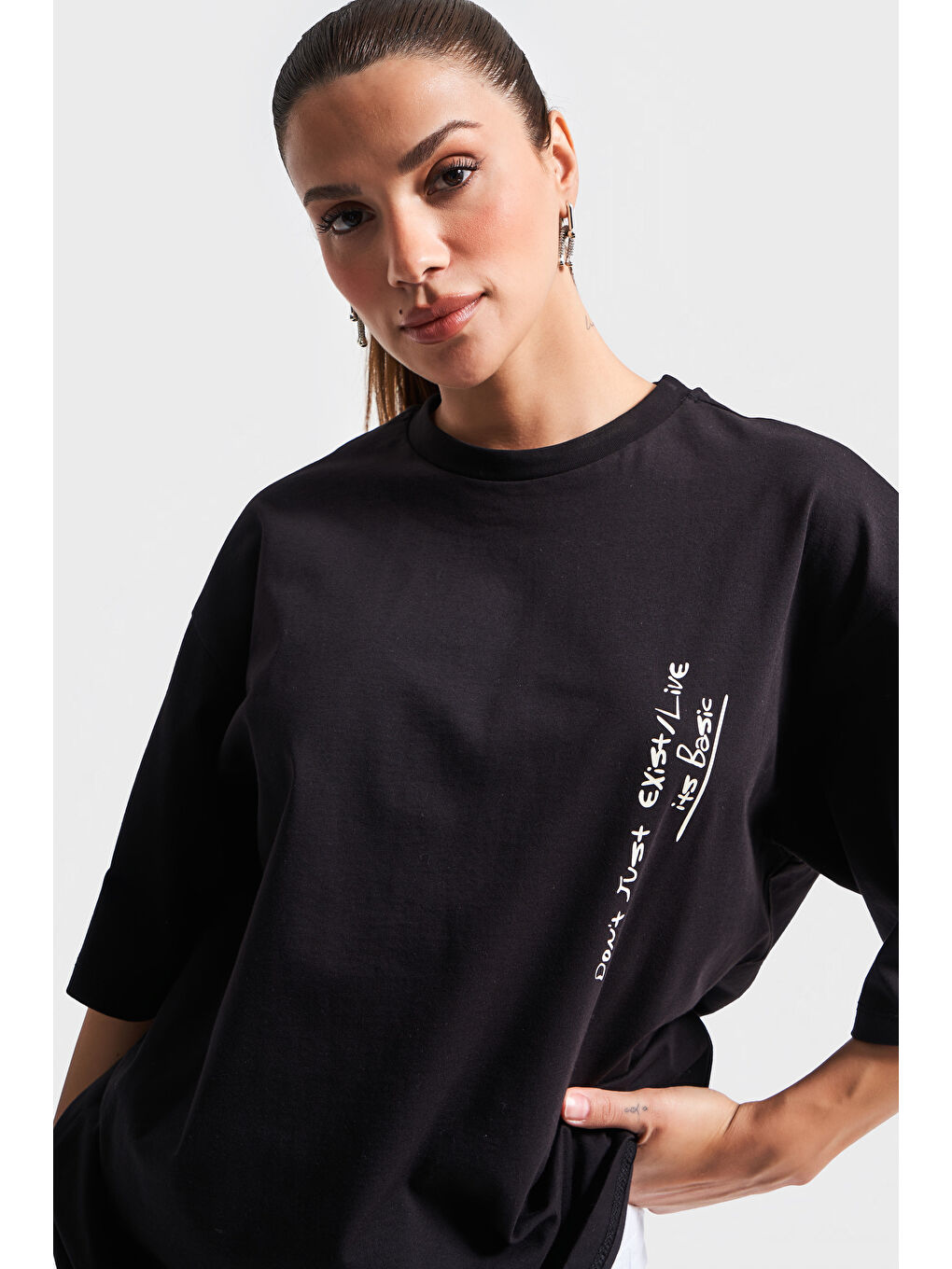 Kadın Siyah Renk s5-1 Oversize Baskılı Bol Kesim %100 Pamuklu T-Shirt-3