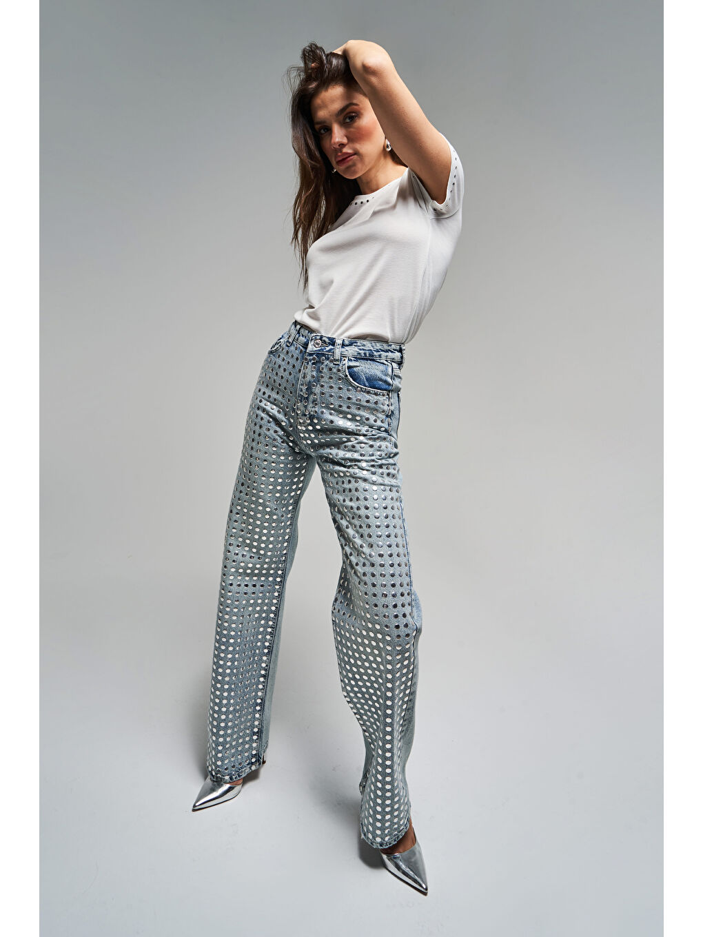 Mavi Kadın Jean Rengi T S45 80 Damla Parlak Taşlı Straight Fit Yüksek Bel Tasarım Denim Jean-2