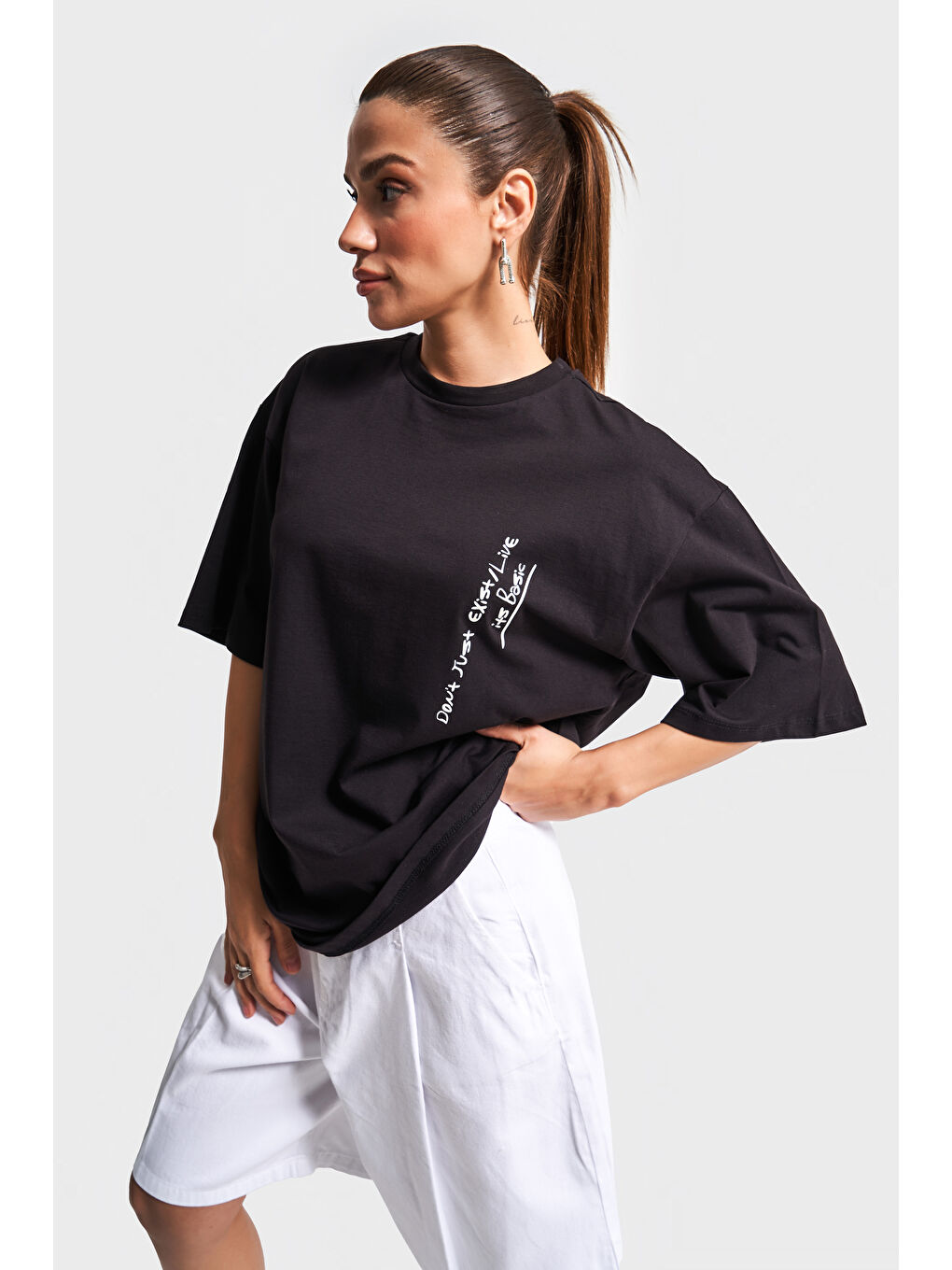 Kadın Siyah Renk s5-1 Oversize Baskılı Bol Kesim %100 Pamuklu T-Shirt-4