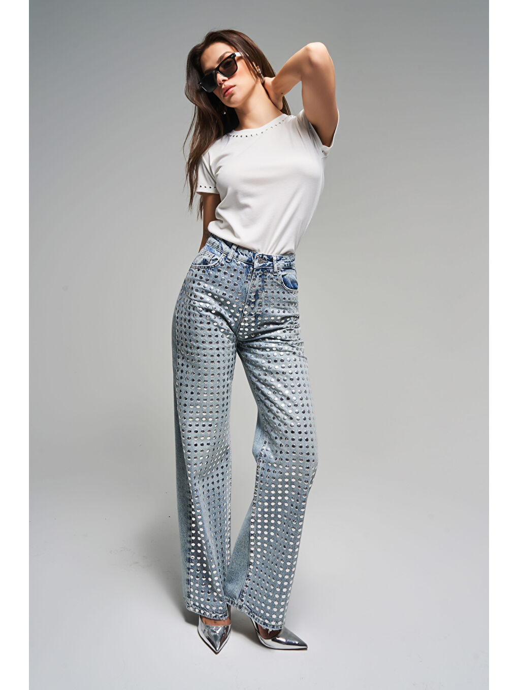 Mavi Kadın Jean Rengi T S45 80 Damla Parlak Taşlı Straight Fit Yüksek Bel Tasarım Denim Jean-3