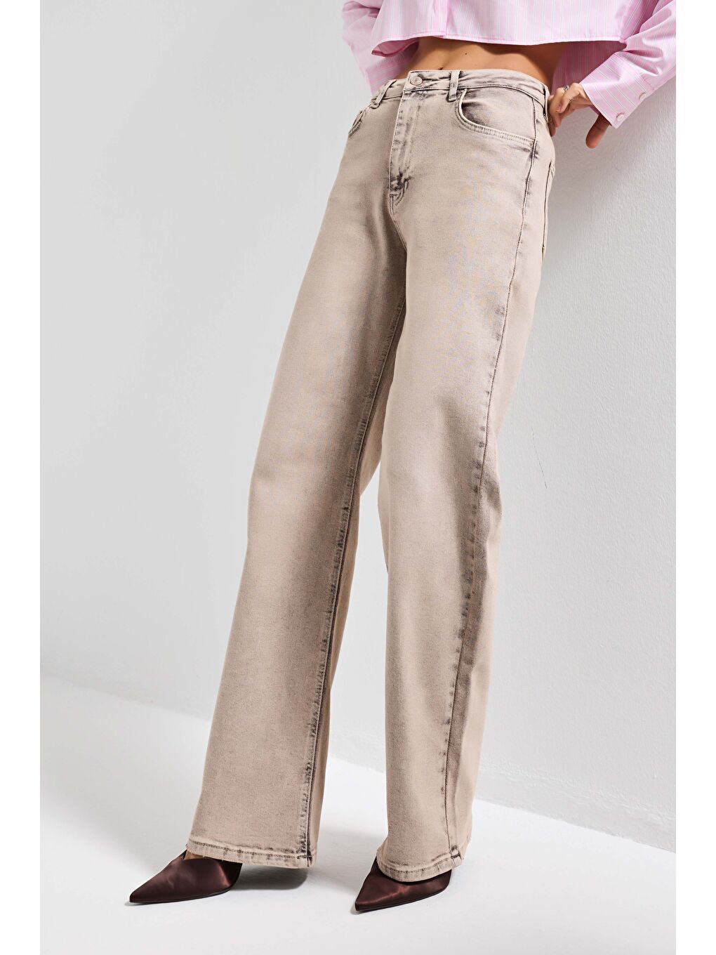 Bej Kadın Taş Renk 4s6-167 Straight Fit Yüksek Bel Elastan Kumaş Denim Jean-1
